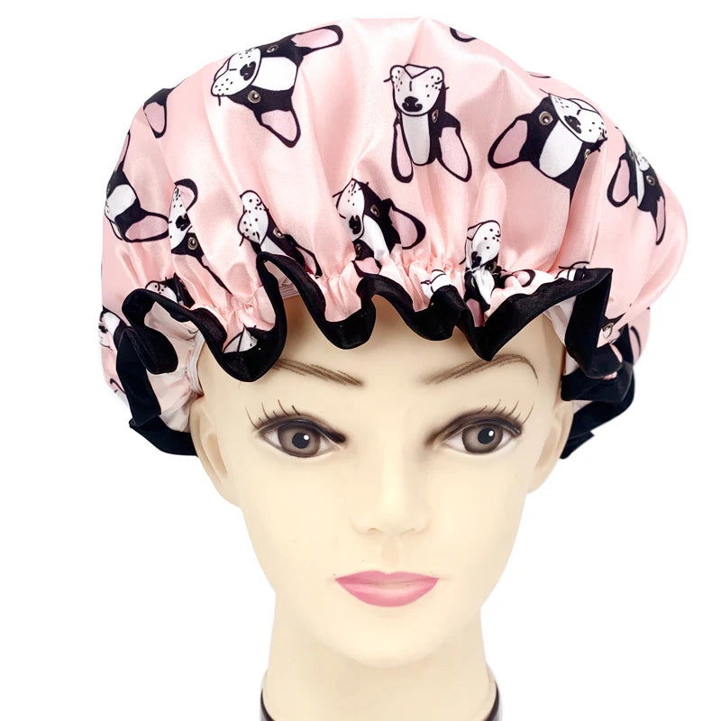 High Quality Polyester Satin Double Layers Shower Caps for Women Reusable - Graceland Home and Living -