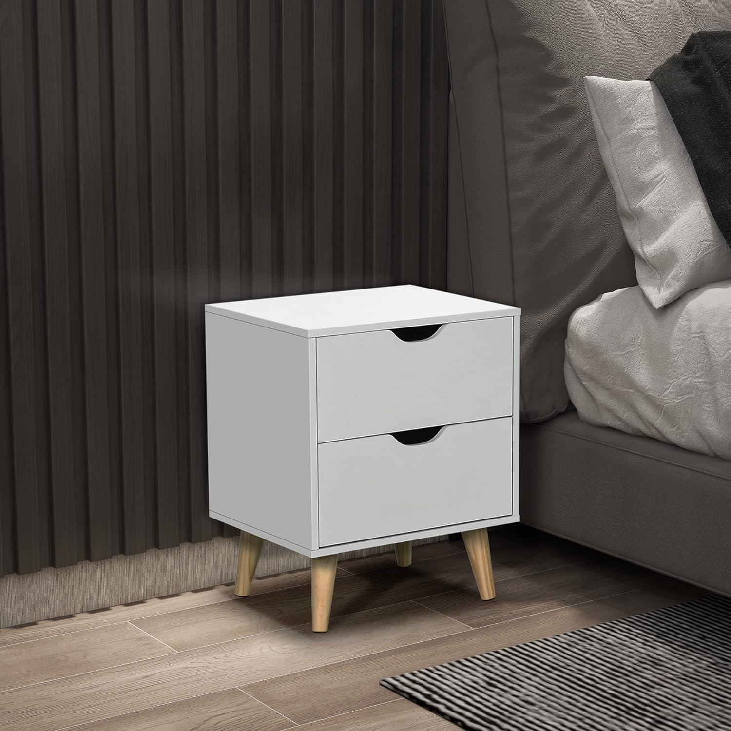 Modern Nightstand, Bedside Table with 2 Drawers, End Table with Wood Legs for Bedroom, White - Graceland Home and Living -
