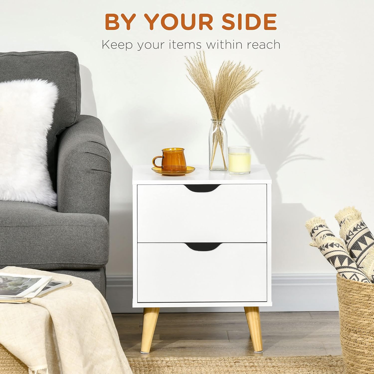 Modern Nightstand, Bedside Table with 2 Drawers, End Table with Wood Legs for Bedroom, White - Graceland Home and Living -