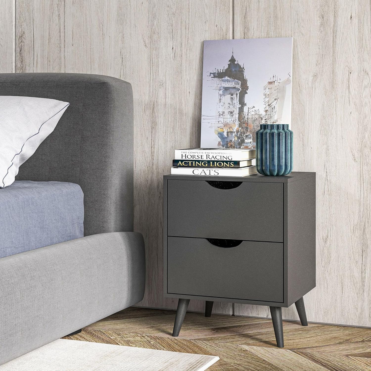 Modern Nightstand, Bedside Table with 2 Drawers, End Table with Wood Legs for Bedroom, White - Graceland Home and Living -