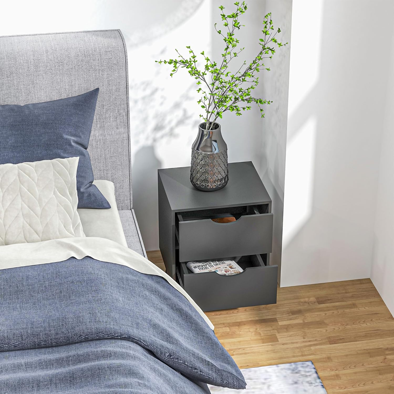 Modern Nightstand, Bedside Table with 2 Drawers, End Table with Wood Legs for Bedroom, White - Graceland Home and Living -