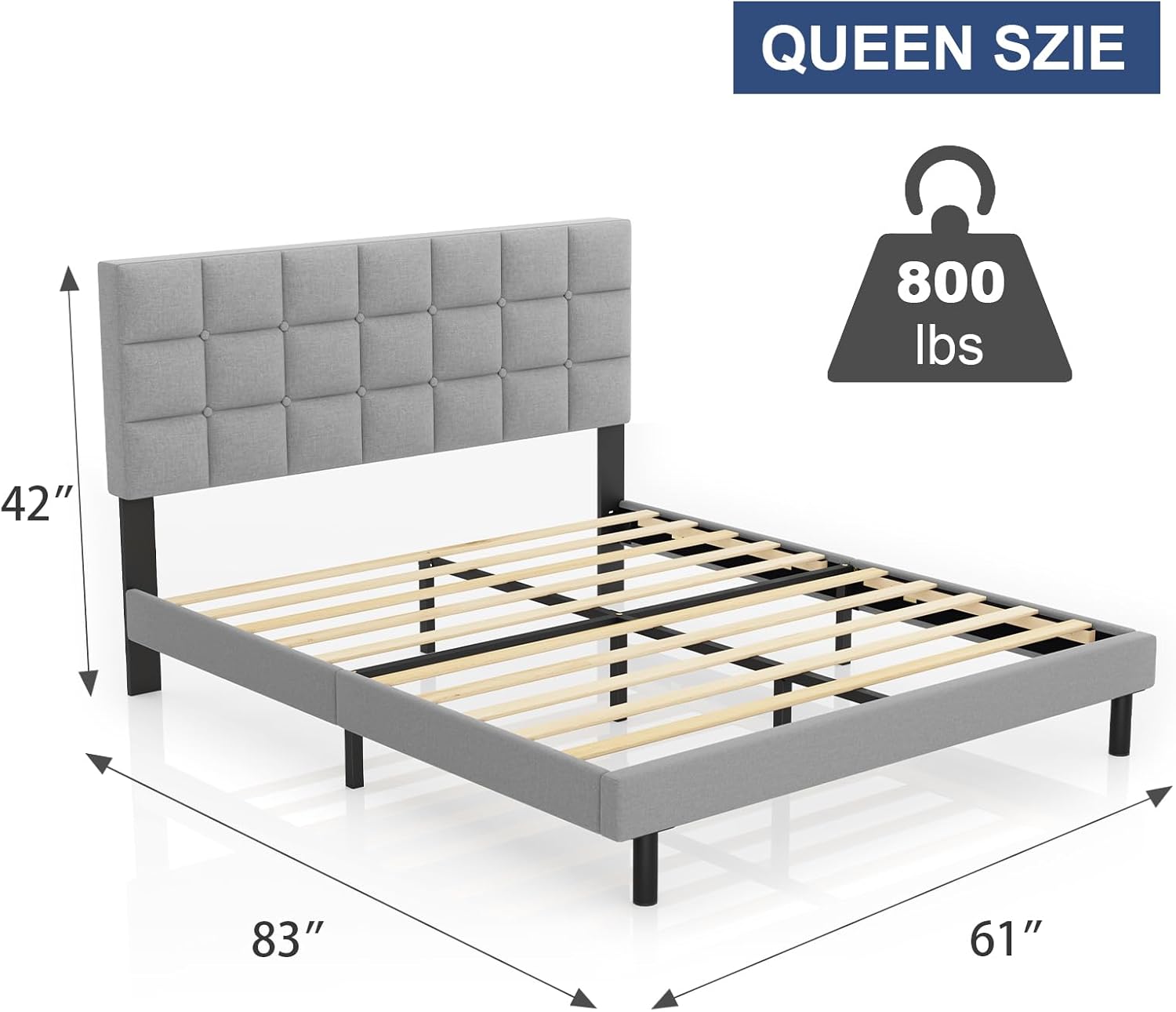 Queen Size Upholstered Platform Bed Frame, No Box Spring Needed - Graceland Home and Living -