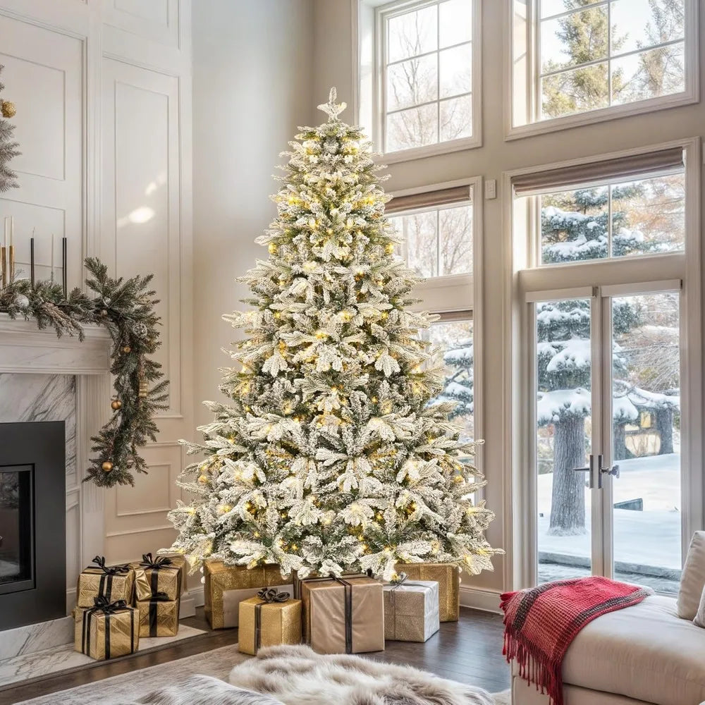 6 FT Pre-Lit Snow Flocked Christmas Tree, Artificial Hinged Canaan Fir Christmas Tree with 1225 PE & PVC Mixed Branch Tips