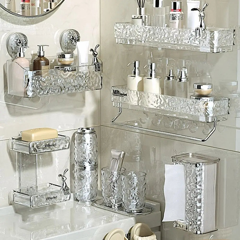 Plastic Shower Suction Cup Shelf Glacier Pattern Transparent Wall Storage Rack