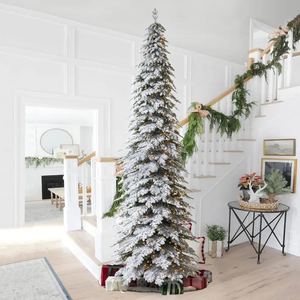 15ft Artificial Christmas Tree, Pre-Lit Flocked Pencil Spruce with 1400 Warm White Lights,Christmas Trees