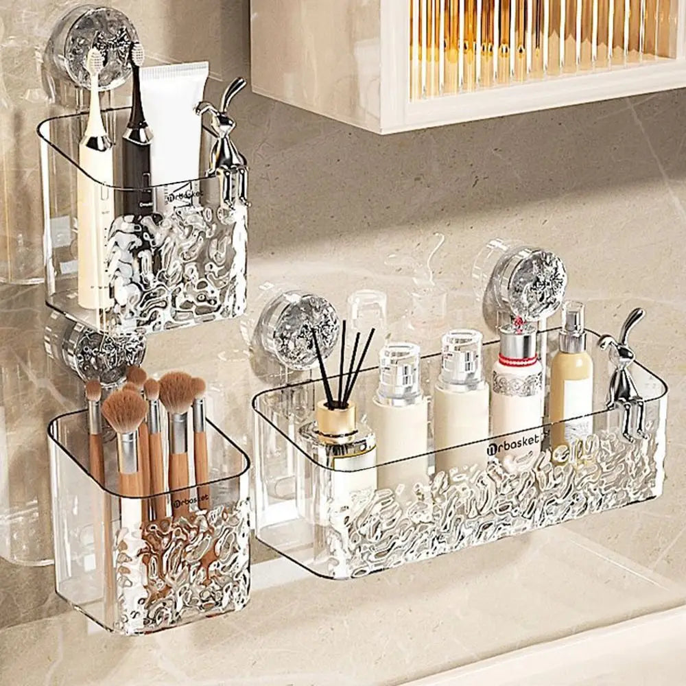 Plastic Shower Suction Cup Shelf Glacier Pattern Transparent Wall Storage Rack