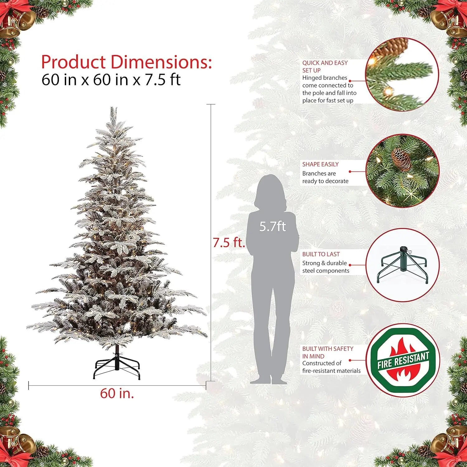 7.5 Foot Pre-Lit Flocked Aspen Fir Artificial Christmas Tree with 700 UL Listed Clear Lights