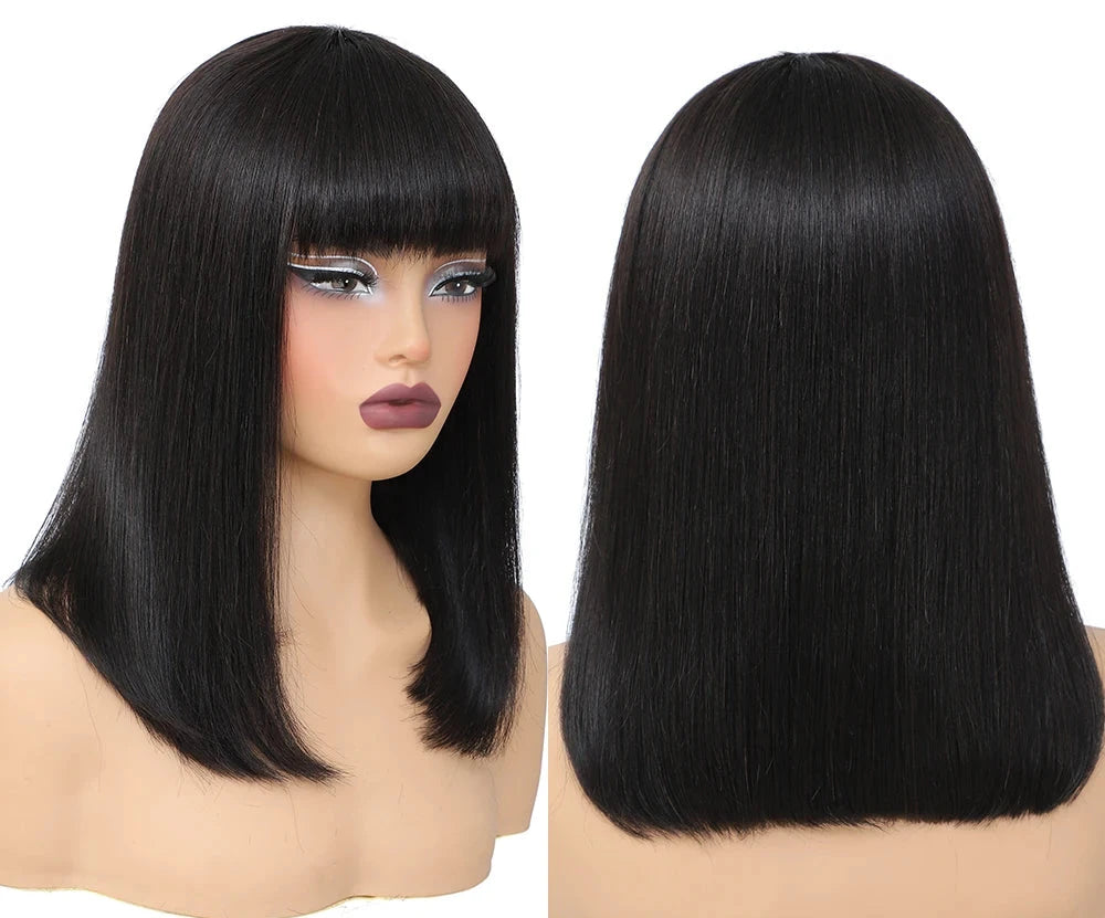 Short Bob Wig with Bangs Straight Human Hair Bob with Bangs 180% Density