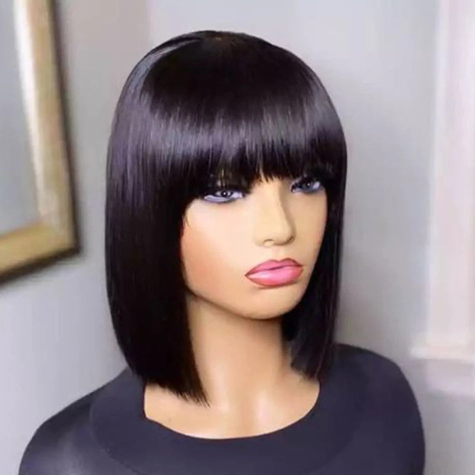 3X1 Middle Part Lace Wig Bob Wigs Full Machine Made Bone Straight Human Hair Wigs With Bangs Short Bob Human Hair Wigs