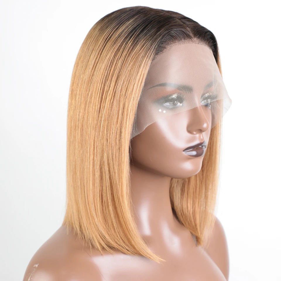 Ombre Gold Blonde Short Straight Bob 13x1 Lace Front 100% Human Hair Wigs