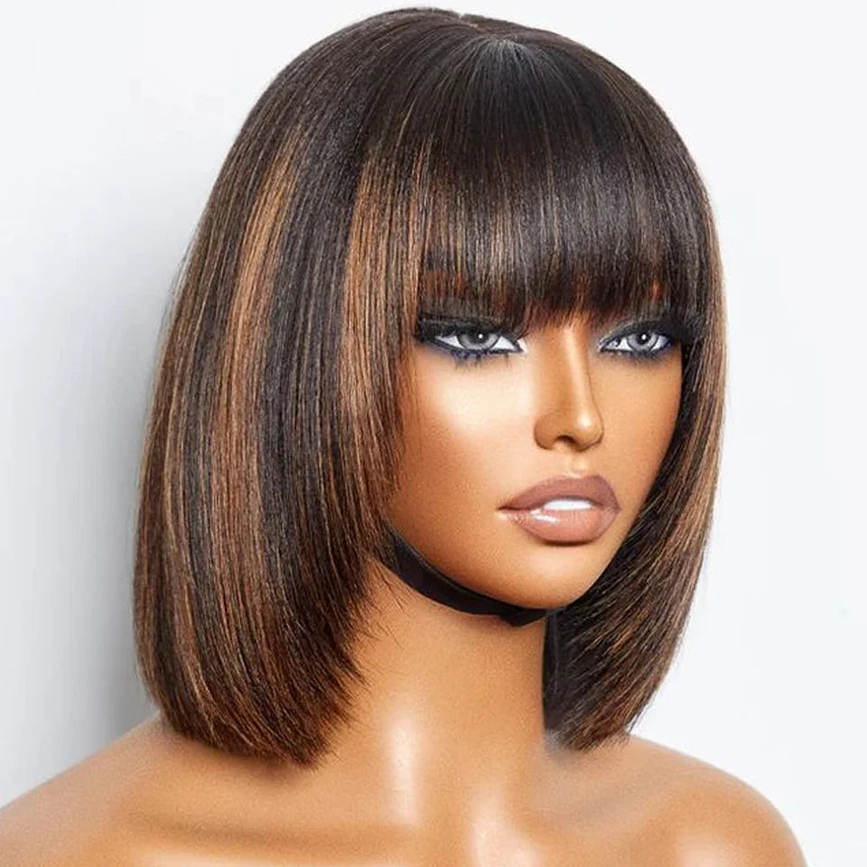 Blonde Short BOB 3x1 Lace Glue less Human Hair Wig Ready To Go Brazilian 1b/30 Straight Bob Bone With Bangs