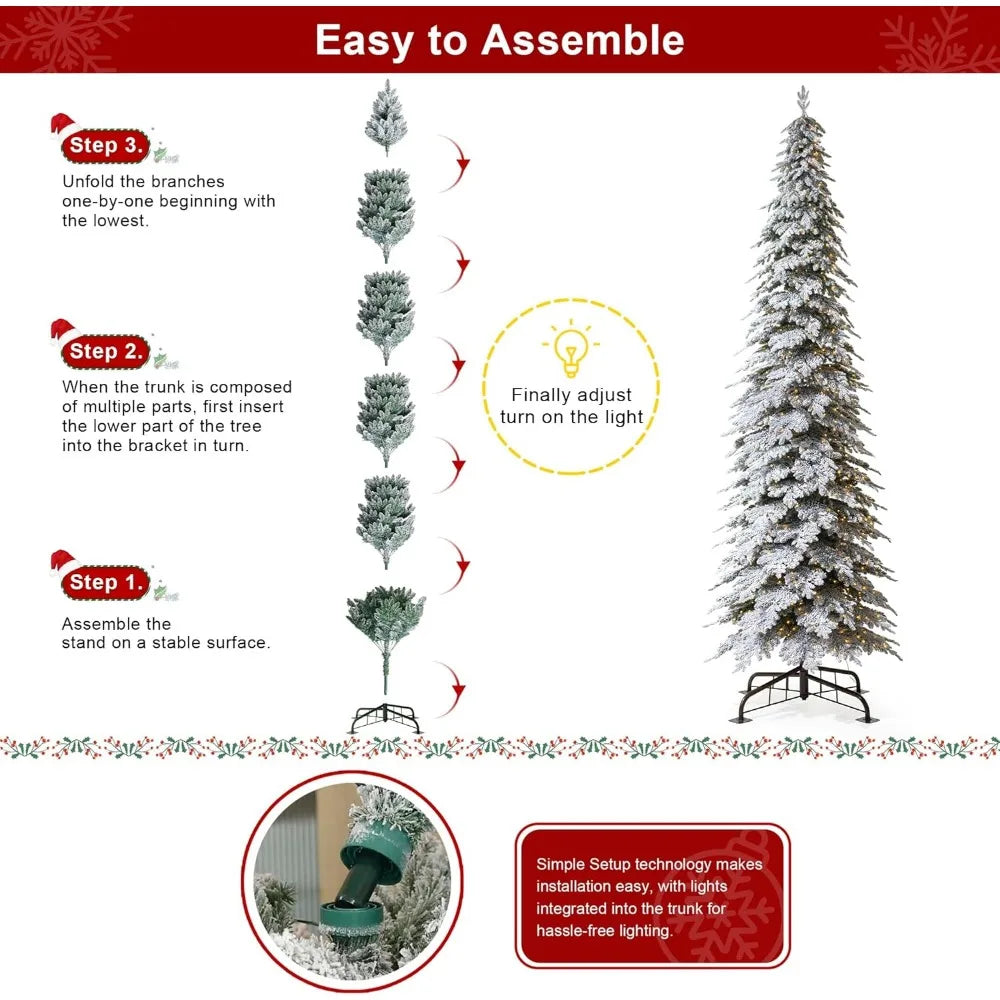 15ft Artificial Christmas Tree, Pre-Lit Flocked Pencil Spruce with 1400 Warm White Lights,Christmas Trees