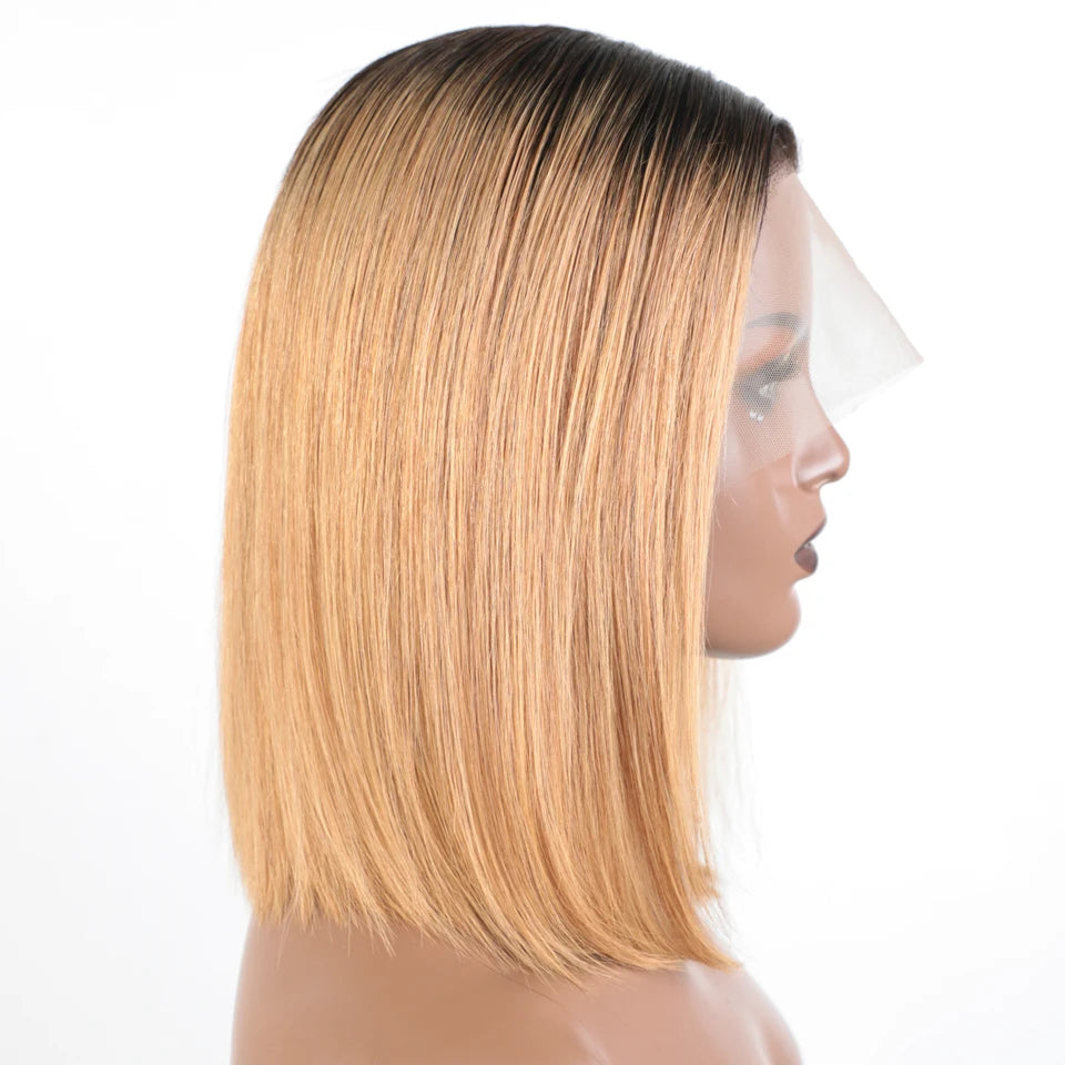 Ombre Gold Blonde Short Straight Bob 13x1 Lace Front 100% Human Hair Wigs
