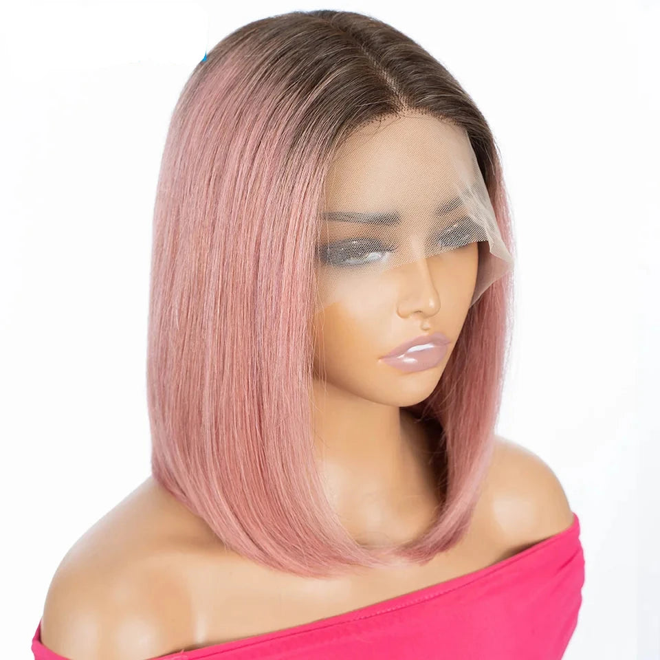 Ombre Gold Blonde Short Straight Bob 13x1 Lace Front 100% Human Hair Wigs