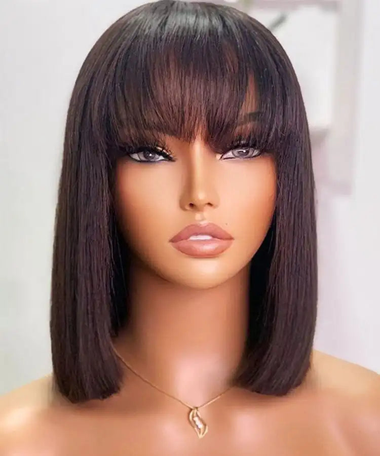 Bone Straight Bob Wig with Bangs Human Hair 180% High Density Glue less Short Bob