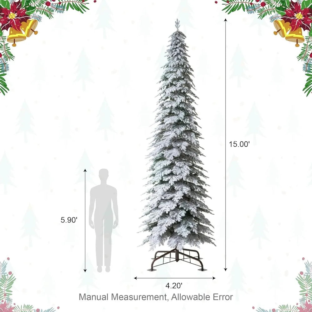 15ft Artificial Christmas Tree, Pre-Lit Flocked Pencil Spruce with 1400 Warm White Lights,Christmas Trees