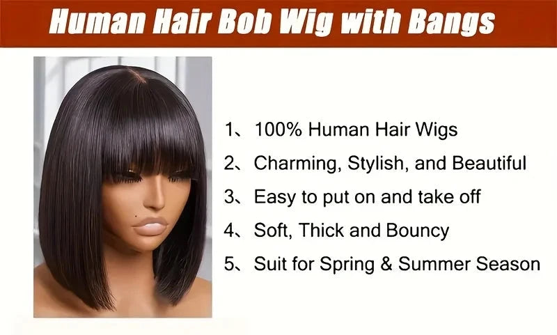 Bone Straight Bob Wig with Bangs Human Hair 180% High Density Glue less Short Bob