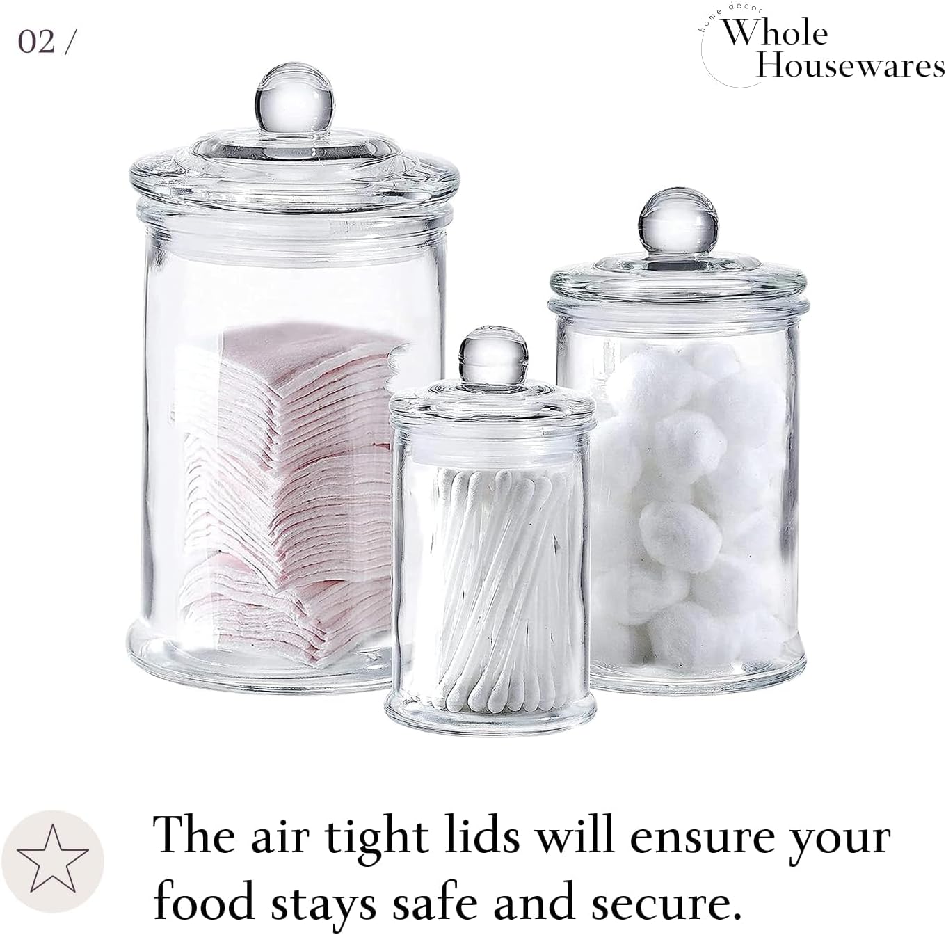 Set of 3 Bathroom Canisters - Storage Container Jars - Premium Glass Apothecary Jars with Lids - Small Glass Jars for Kitchen or Bathroom Storage - Decorative Crystal Containers - Graceland Home and Living -