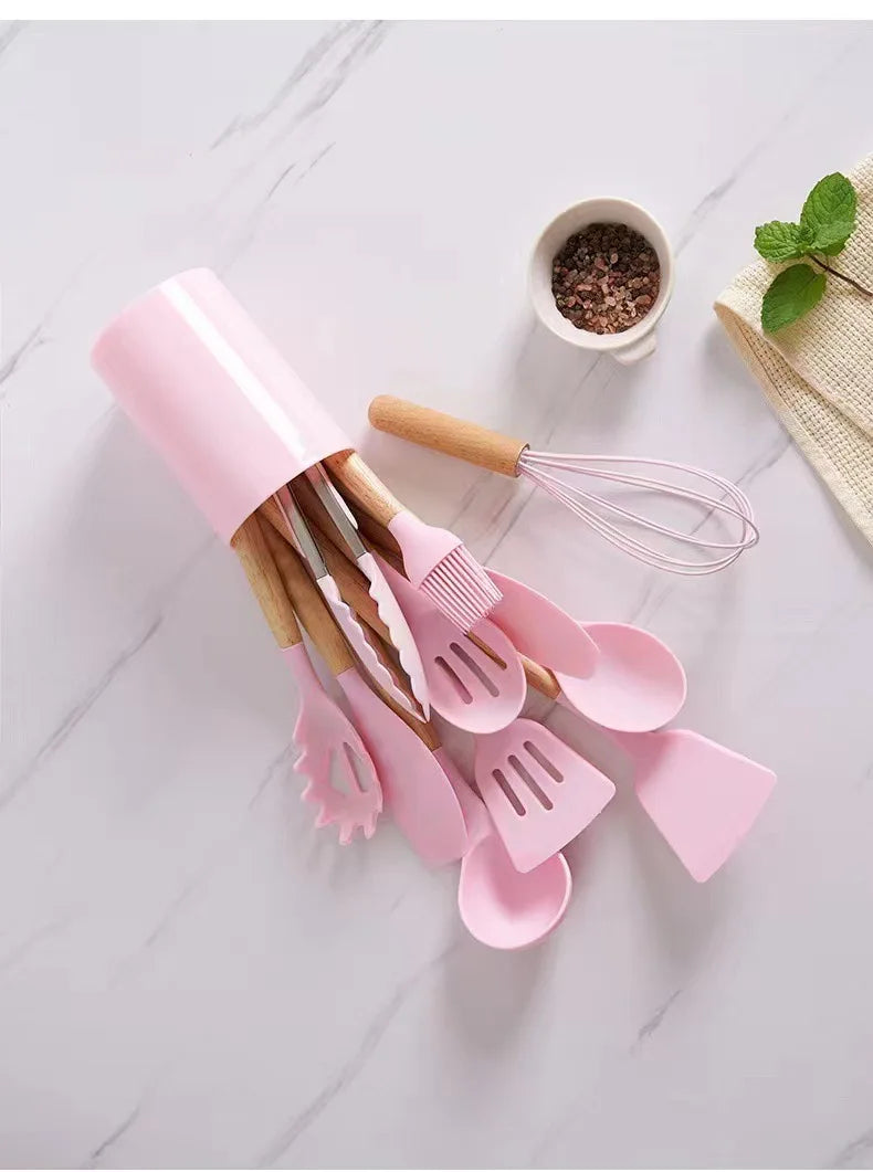 12Pcs Silicone Cooking Utensils Set Wooden Handle - Graceland Home and Living - Graceland Home and Living