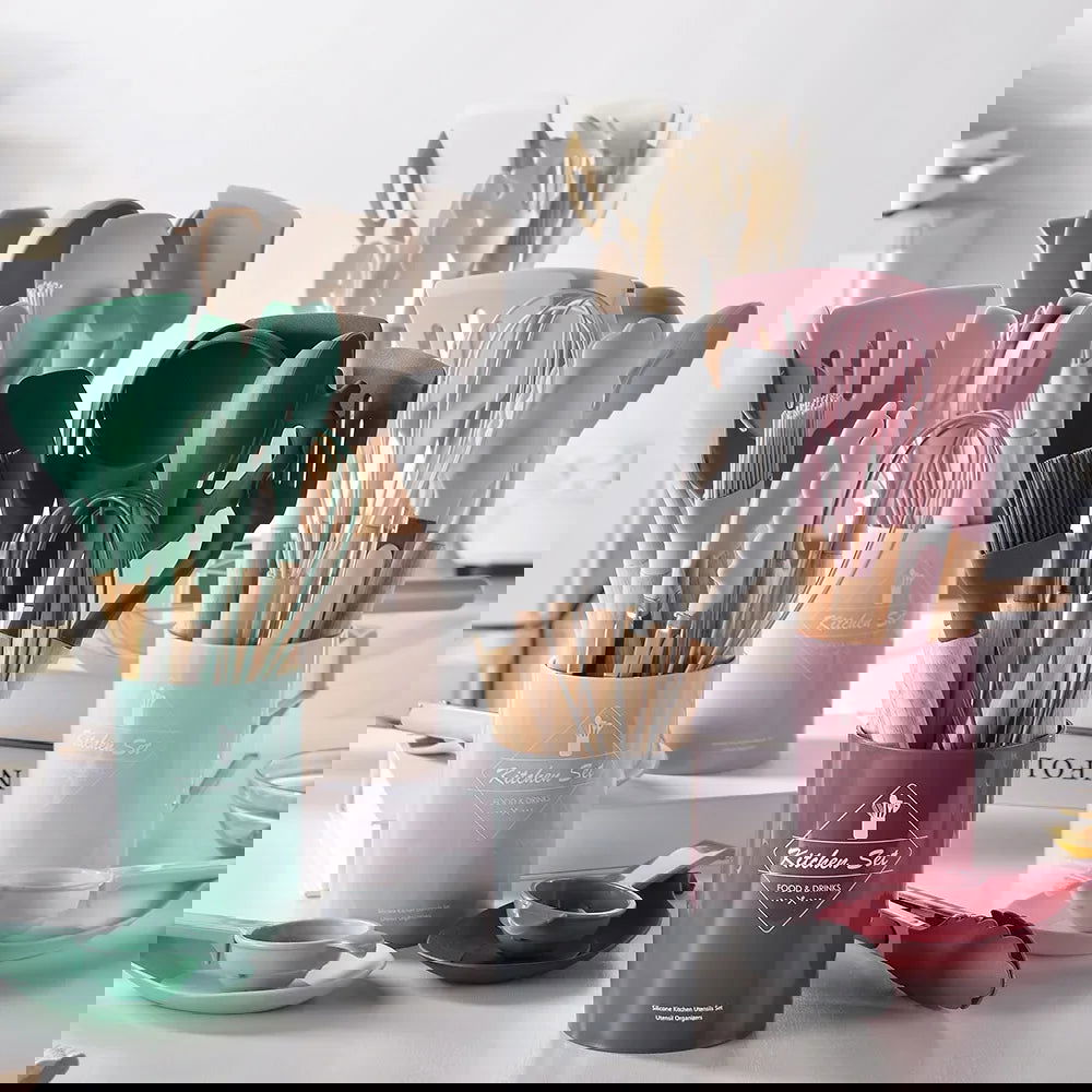 12Pcs Silicone Cooking Utensils Set Wooden Handle - Graceland Home and Living -  - #tag1#