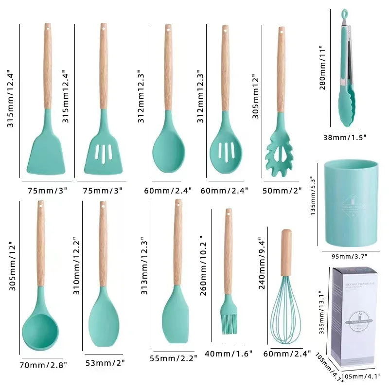 12Pcs Silicone Cooking Utensils Set Wooden Handle - Graceland Home and Living -  - #tag1#