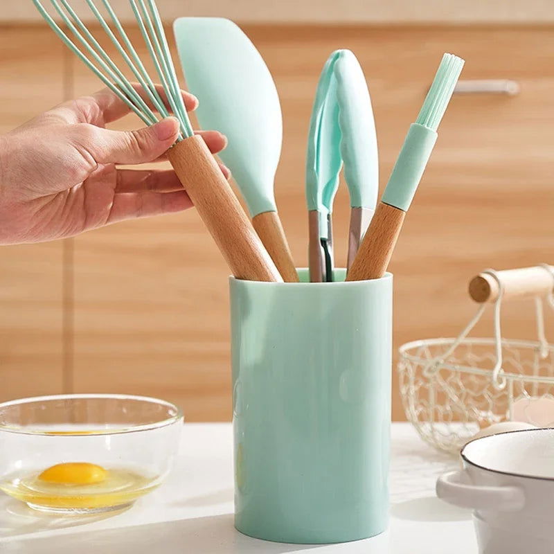12Pcs Silicone Cooking Utensils Set Wooden Handle - Graceland Home and Living -  - #tag1#