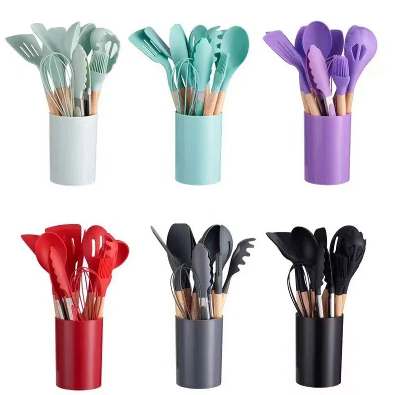 12Pcs Silicone Cooking Utensils Set Wooden Handle - Graceland Home and Living -  - #tag1#