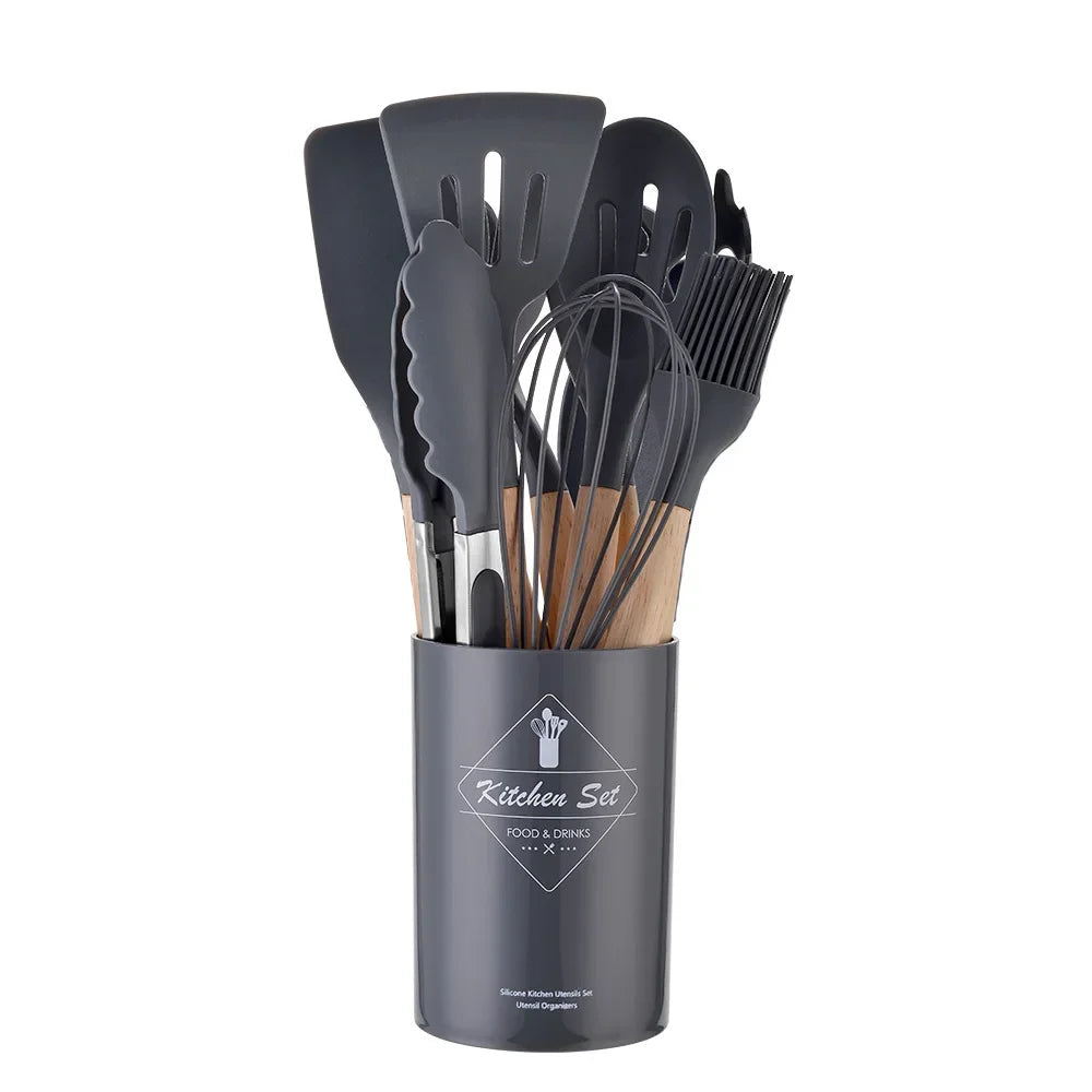 12Pcs Silicone Cooking Utensils Set Wooden Handle - Graceland Home and Living -  - #tag1#