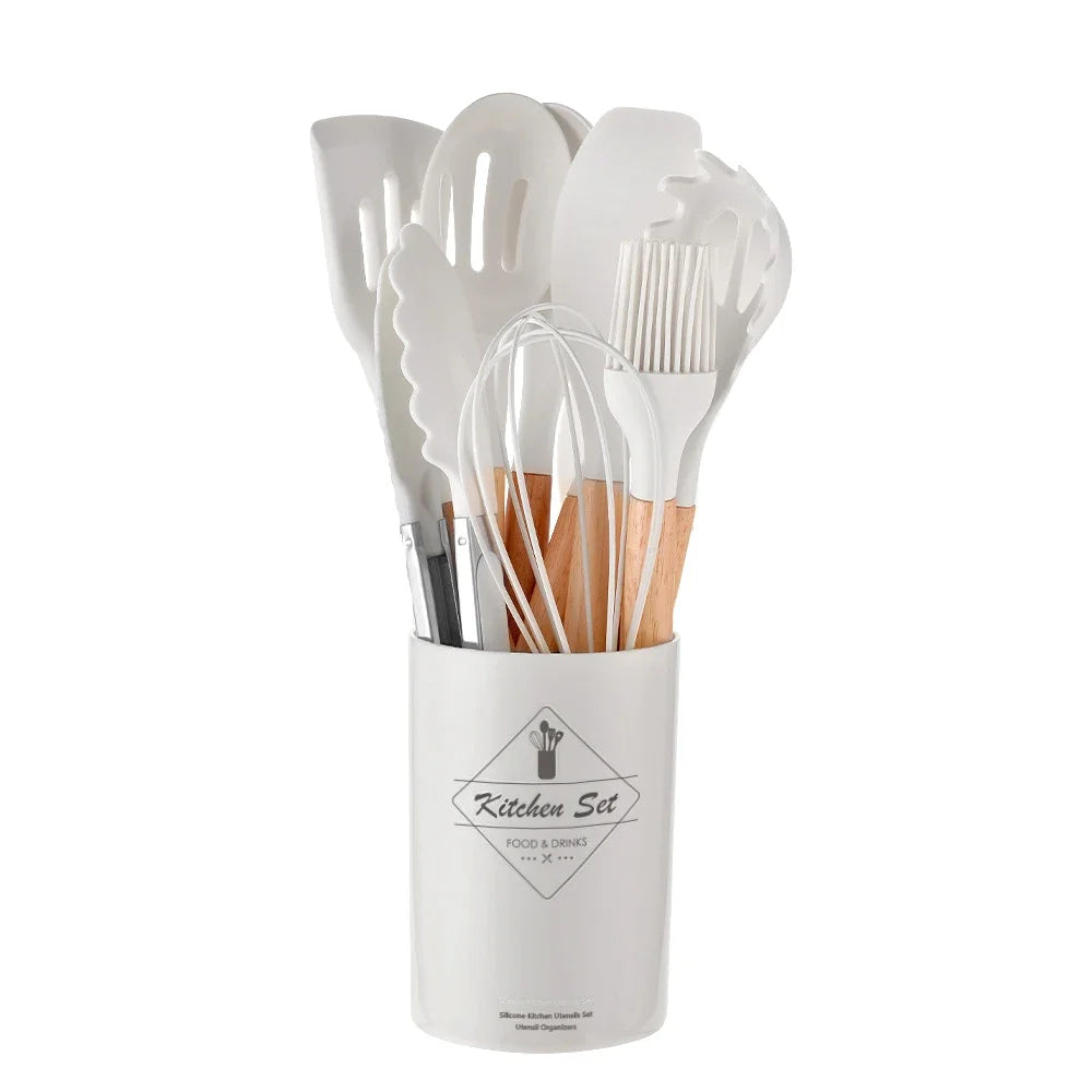 12Pcs Silicone Cooking Utensils Set Wooden Handle - Graceland Home and Living -  - #tag1#