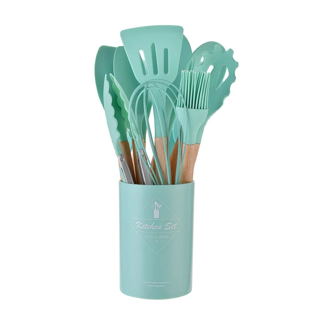 12Pcs Silicone Cooking Utensils Set Wooden Handle - Graceland Home and Living -  - #tag1#