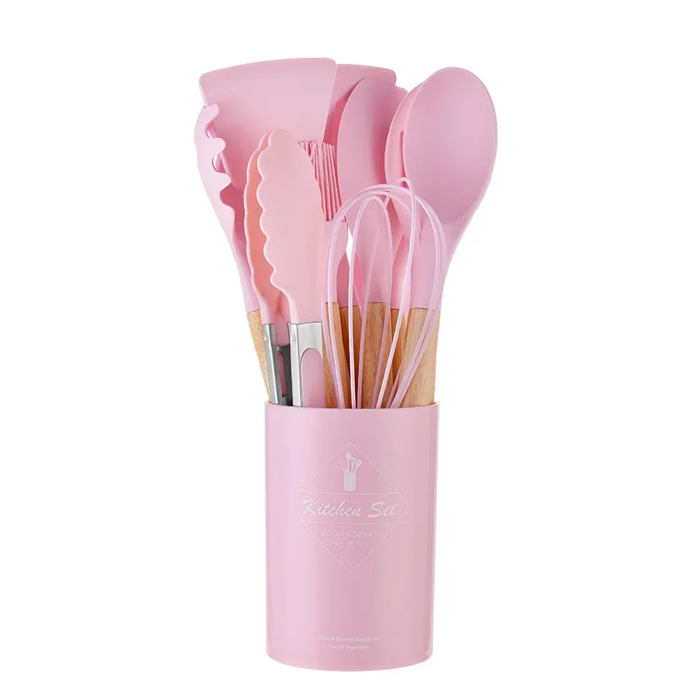 12Pcs Silicone Cooking Utensils Set Wooden Handle - Graceland Home and Living -  - #tag1#