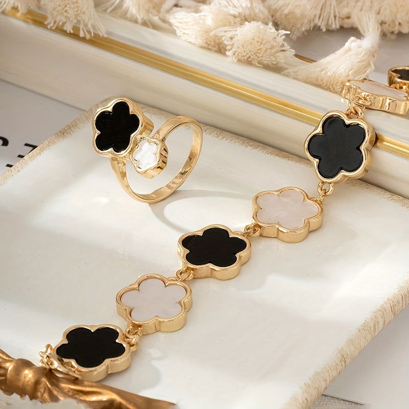 1 Pc Ring +1 Pc Bracelet With Black White Lucky Flower Design - Graceland Home and Living -  