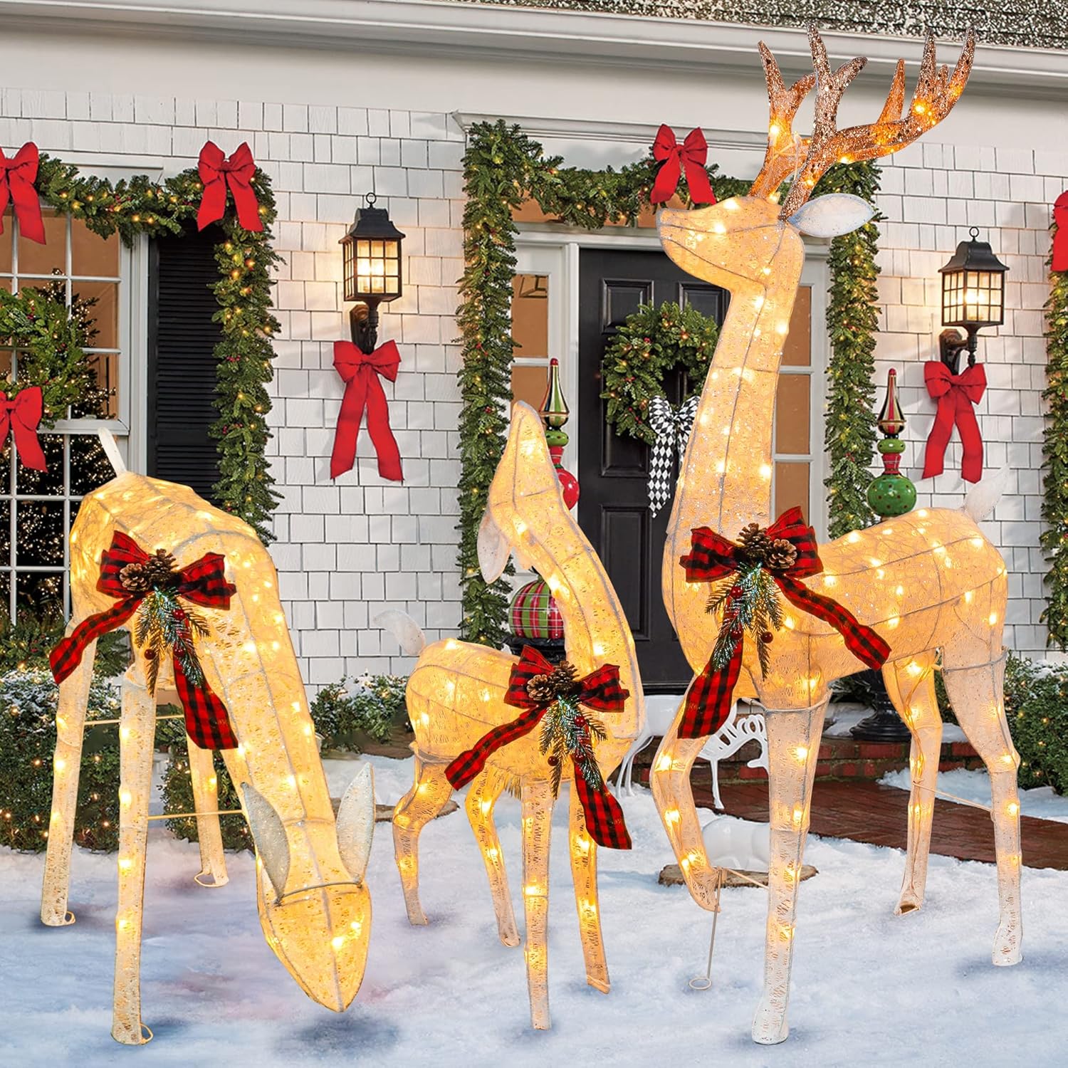 3-Piece Pre-Lit Christmas Reindeer Family Set, 3D Plug in 170 Count Warm White - Graceland Home and Living -  - #tag1#