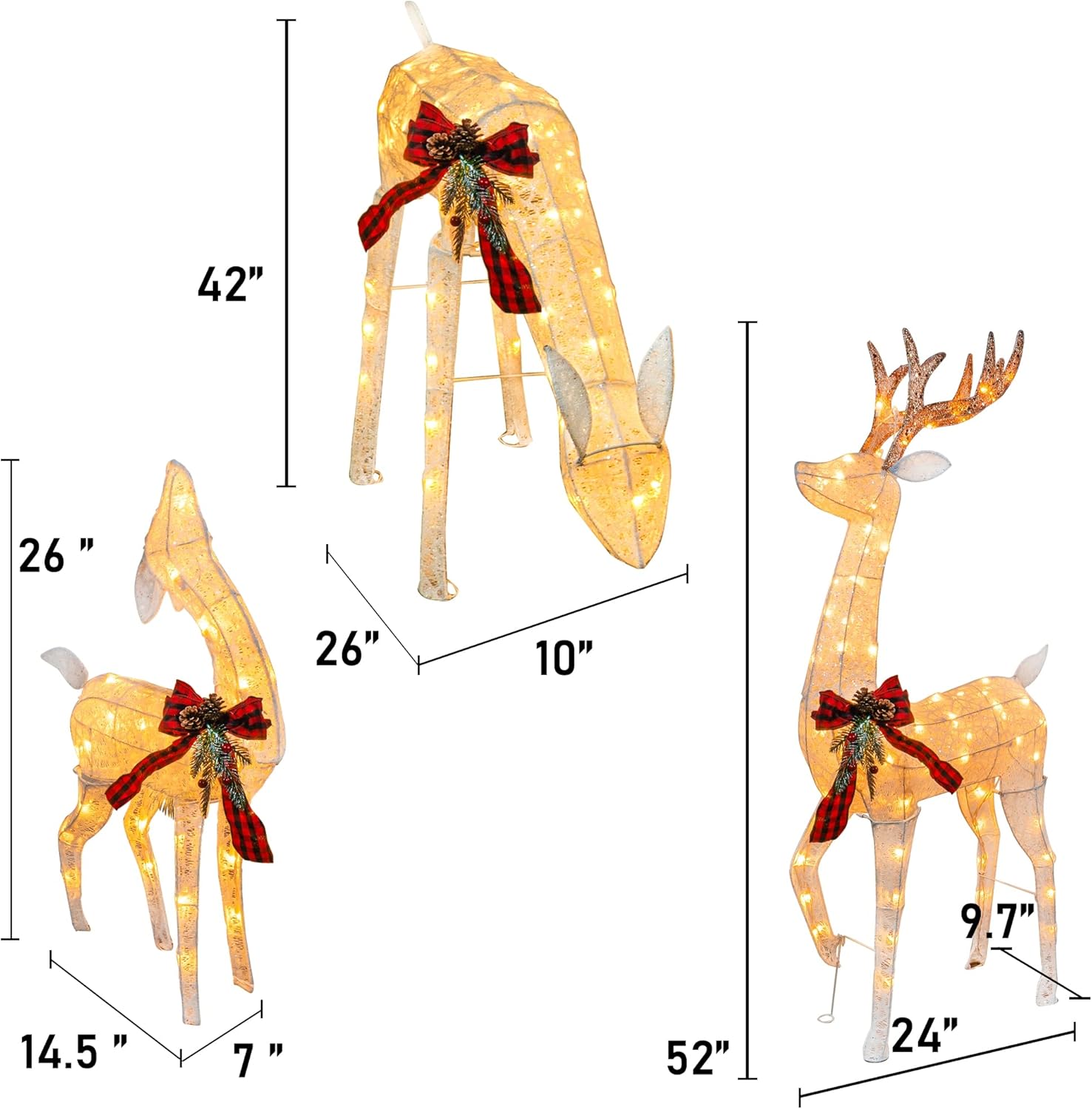 3-Piece Pre-Lit Christmas Reindeer Family Set, 3D Plug in 170 Count Warm White - Graceland Home and Living -  - #tag1#