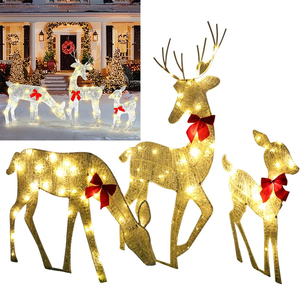 3Pcs Family Lighted Deer Christmas Décor Metal with 5Pcs LED String Light - Graceland Home and Living -  - #tag1#