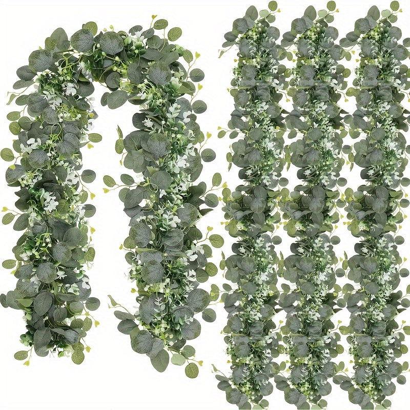 4-Pack Artificial Eucalyptus Garland with White Flowers - 5.9FT Plastic Greenery - Graceland Home and Living -  - #tag1#