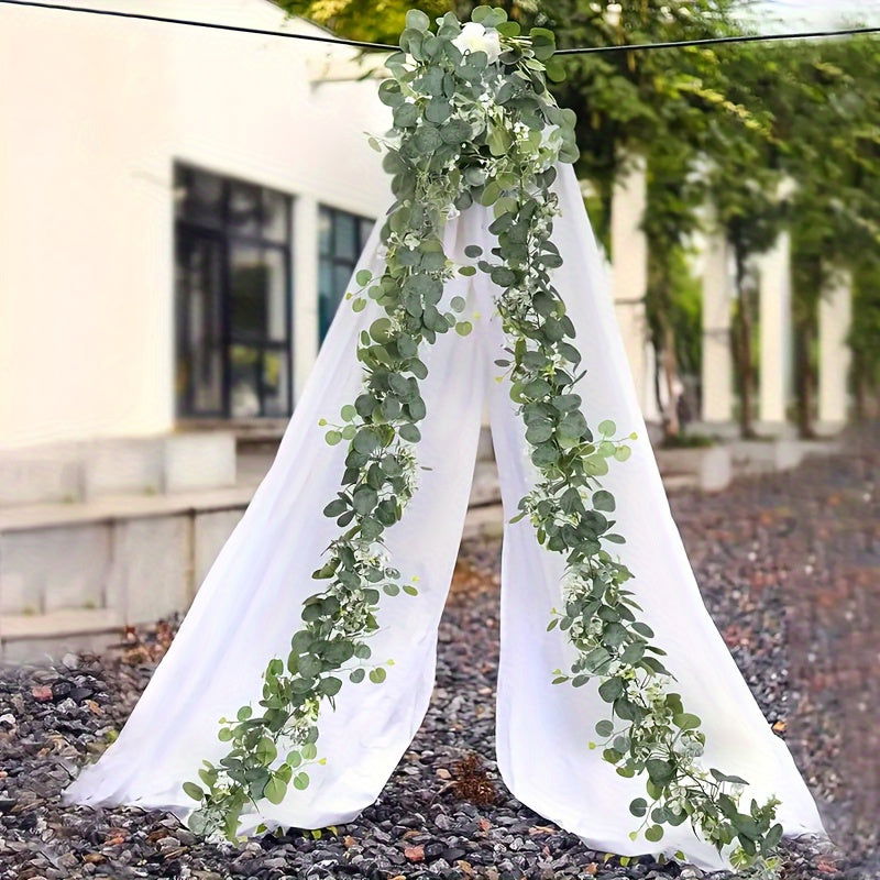 4-Pack Artificial Eucalyptus Garland with White Flowers - 5.9FT Plastic Greenery - Graceland Home and Living -  - #tag1#