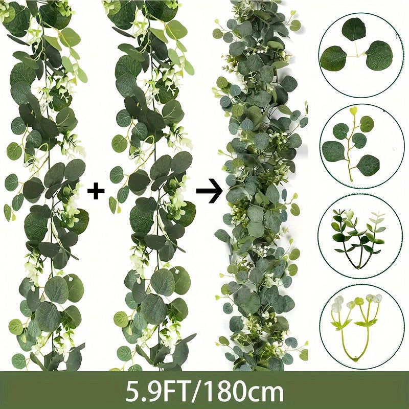 4-Pack Artificial Eucalyptus Garland with White Flowers - 5.9FT Plastic Greenery - Graceland Home and Living -  - #tag1#