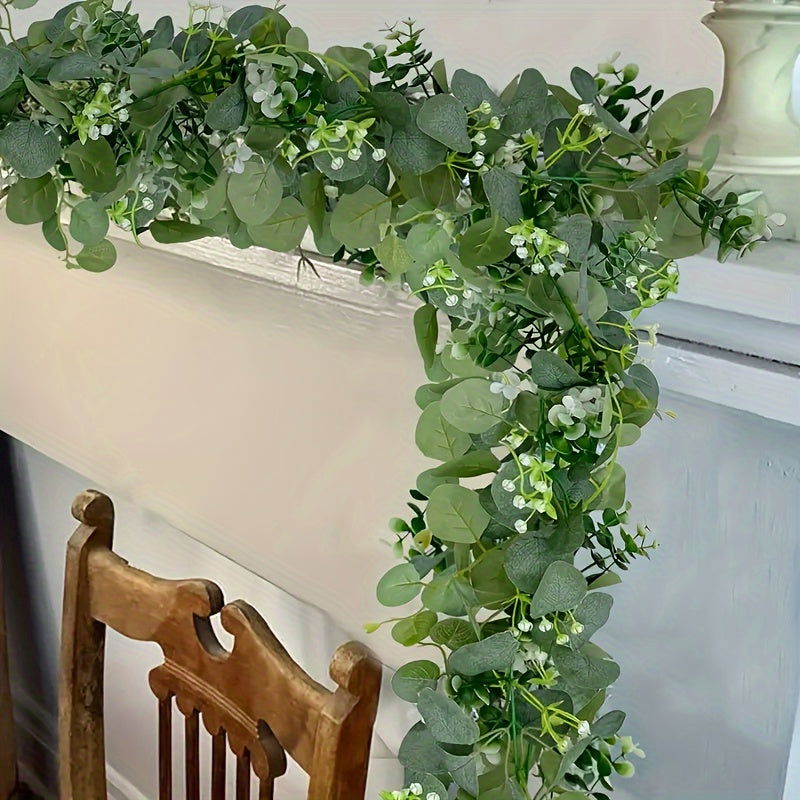 4-Pack Artificial Eucalyptus Garland with White Flowers - 5.9FT Plastic Greenery - Graceland Home and Living -  - #tag1#