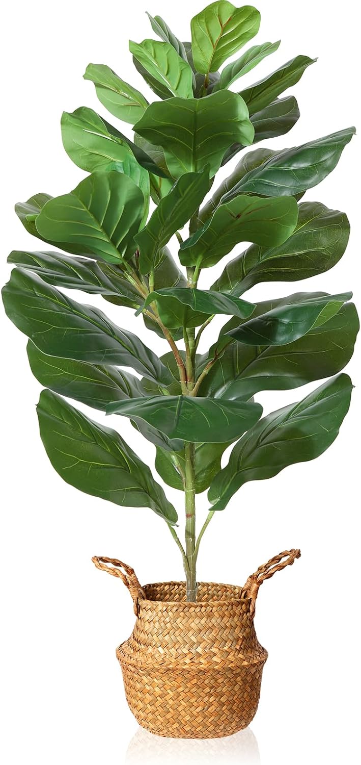 4.2Feet Artificial Fiddle Leaf Fig Tree Fake Potted Ficus Lyrata Plant with Handmade Seagrass Basket - Graceland Home and Living -  - #tag1#