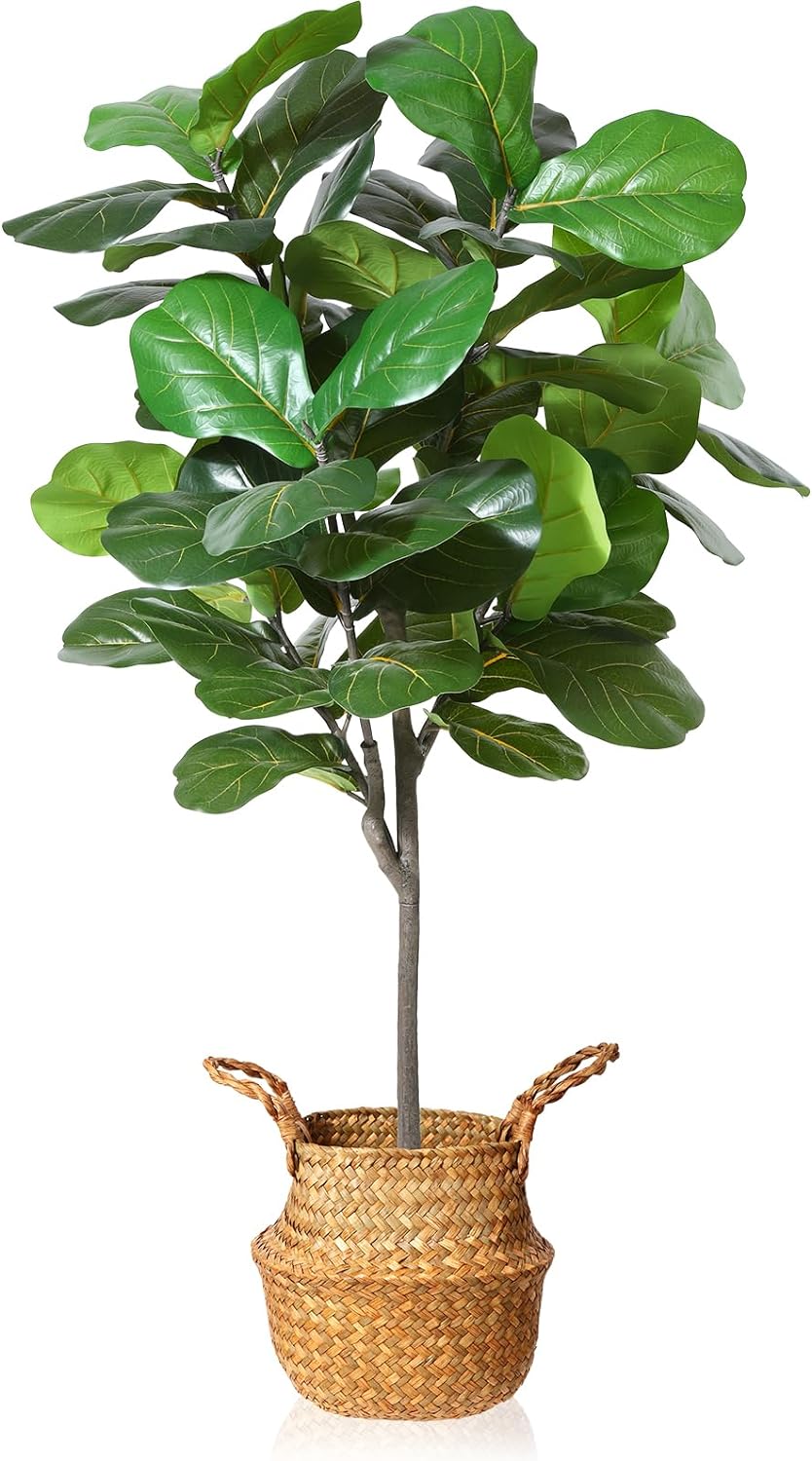 4.2Feet Artificial Fiddle Leaf Fig Tree Fake Potted Ficus Lyrata Plant with Handmade Seagrass Basket - Graceland Home and Living -  - #tag1#