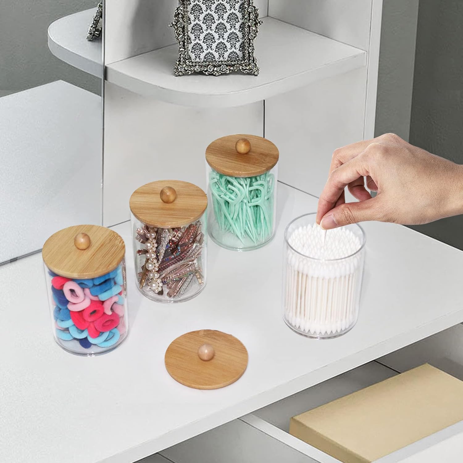 4 Pack Qtip Holder, 10-Ounce Bathroom Organizer Accessories Storage Containers Clear Plastic Apothecary Jars with Bamboo Lids for Cotton Ball, Cotton Swab, Floss - Graceland Home and Living -  - #tag1#