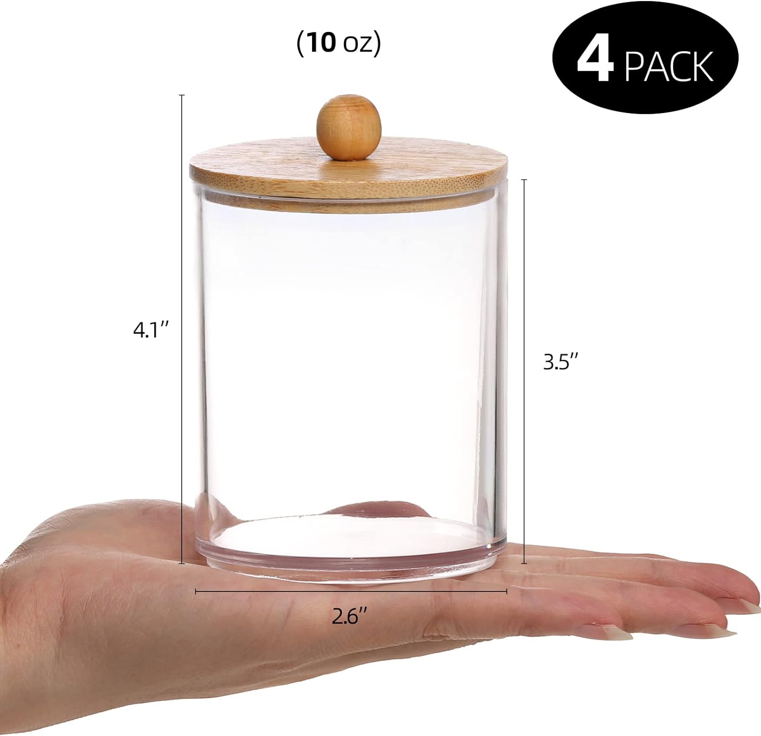 4 Pack Qtip Holder, 10-Ounce Bathroom Organizer Accessories Storage Containers Clear Plastic Apothecary Jars with Bamboo Lids for Cotton Ball, Cotton Swab, Floss - Graceland Home and Living -  - #tag1#