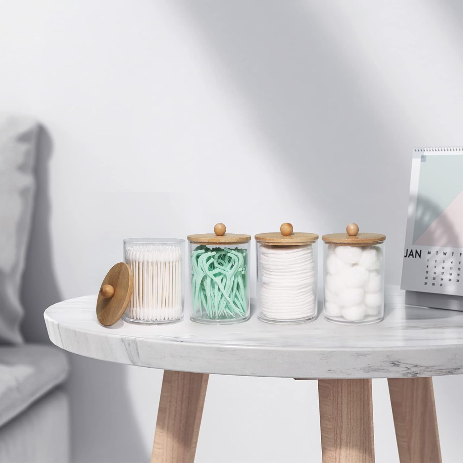 4 Pack Qtip Holder, 10-Ounce Bathroom Organizer Accessories Storage Containers Clear Plastic Apothecary Jars with Bamboo Lids for Cotton Ball, Cotton Swab, Floss - Graceland Home and Living -  - #tag1#