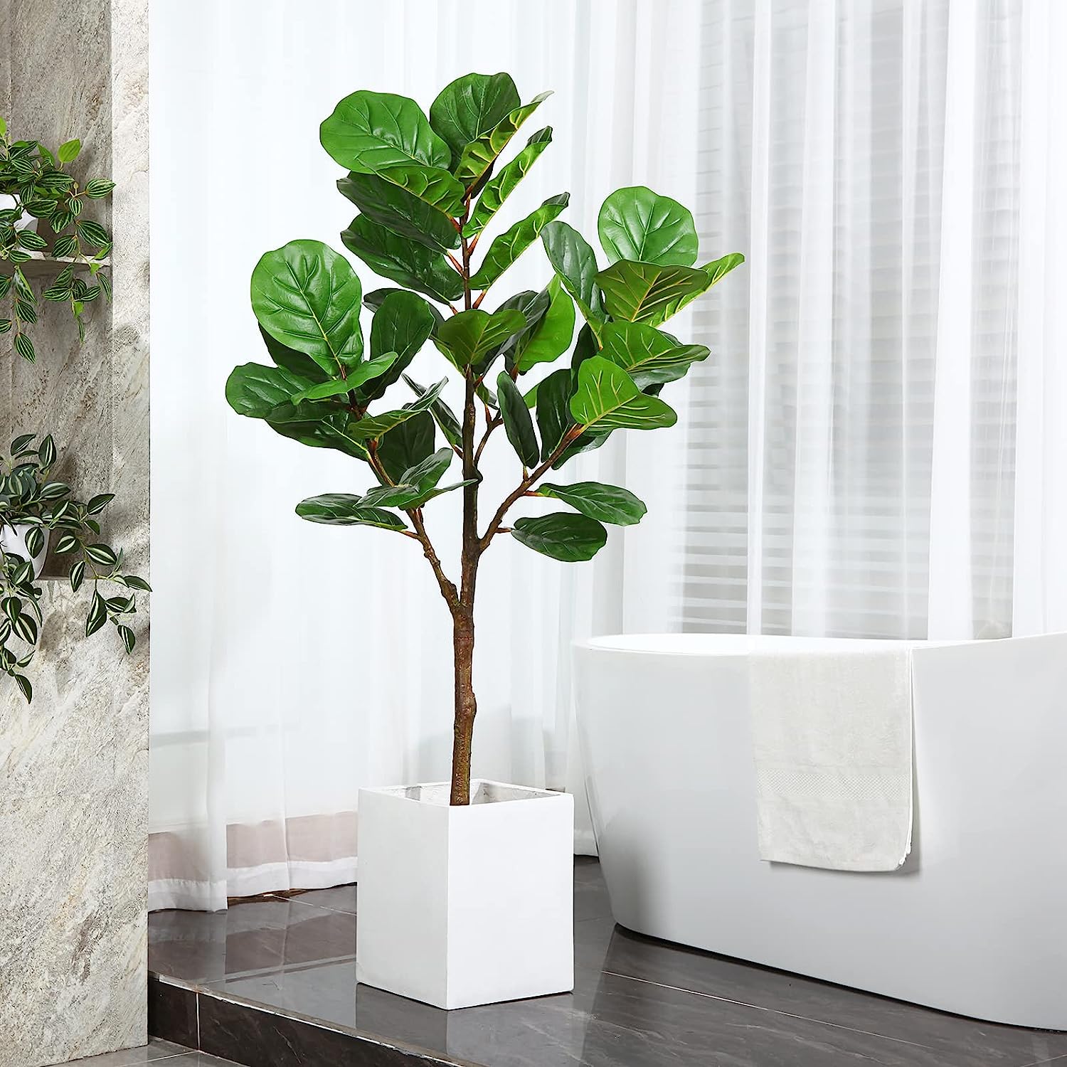 5 Feet Artificial fiddle leaf tree with 38 Leaves. Comes with Woven Seagrass Belly Basket Graceland Home and Living