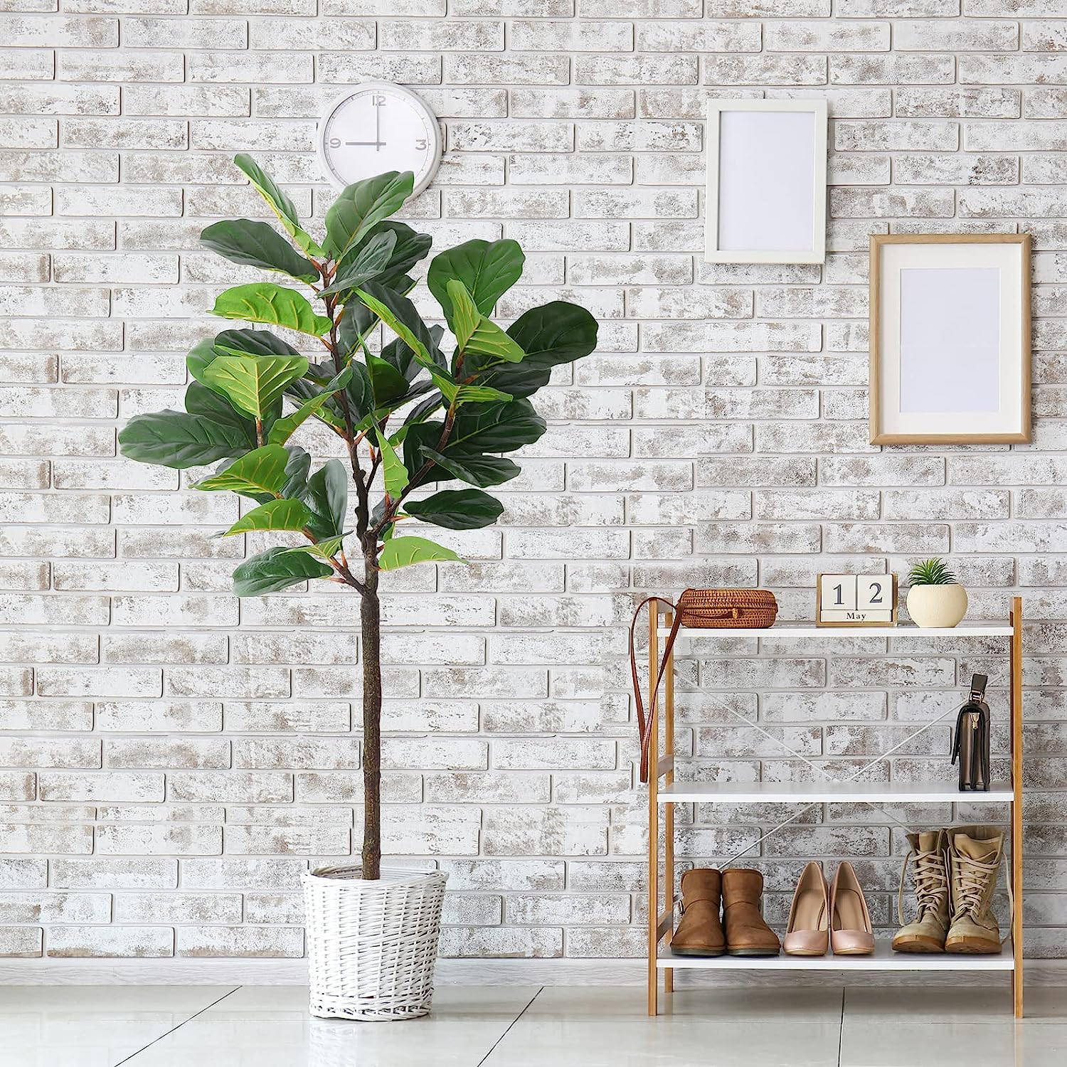 5 Feet Artificial fiddle leaf tree with 38 Leaves. Comes with Woven Seagrass Belly Basket - Graceland Home and Living -  - #tag1#