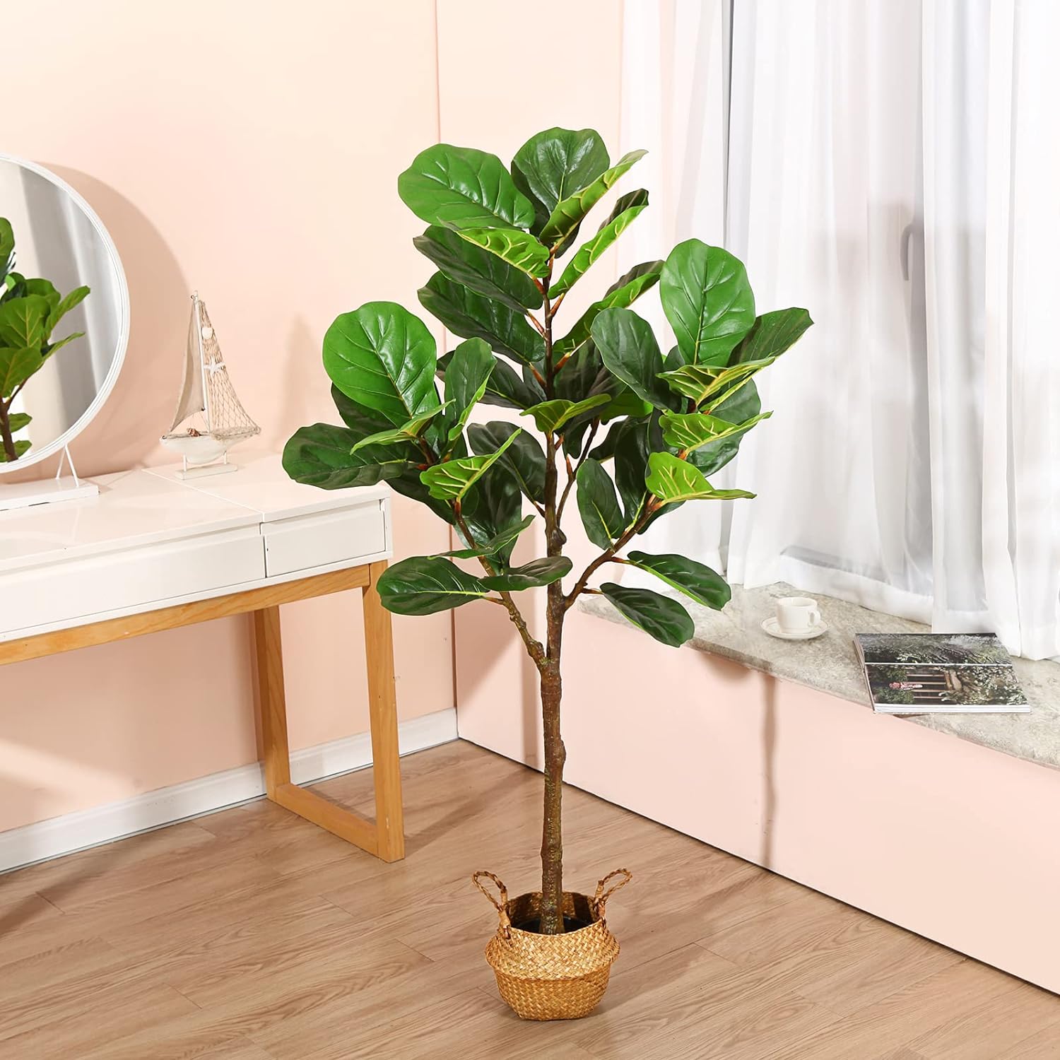 5ft Artificial Fiddle Leaf Fig Tree with Woven Seagrass Belly Basket - Graceland Home and Living -  - #tag1#