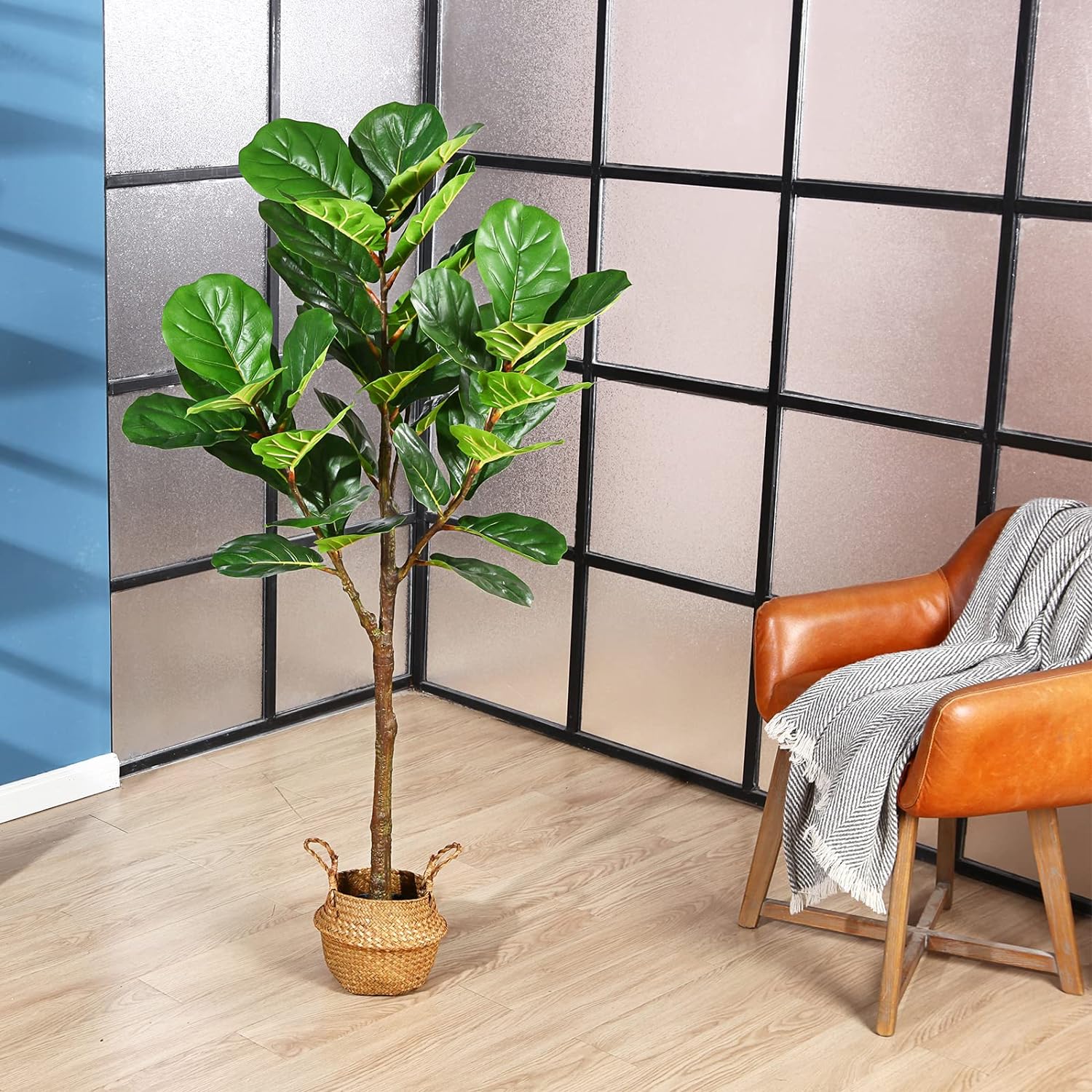 5ft Artificial Fiddle Leaf Fig Tree with Woven Seagrass Belly Basket - Graceland Home and Living -  - #tag1#