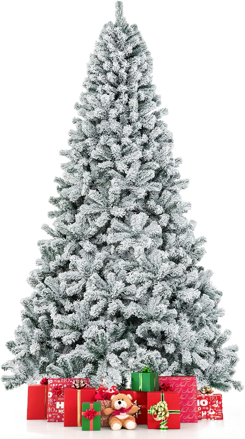 6 FT Snow Flocked Christmas Tree, Artificial Holiday Hinged Pine Tree with 600 Branch Tips, Solid Metal Stand - Graceland Home and Living -  - #tag1#