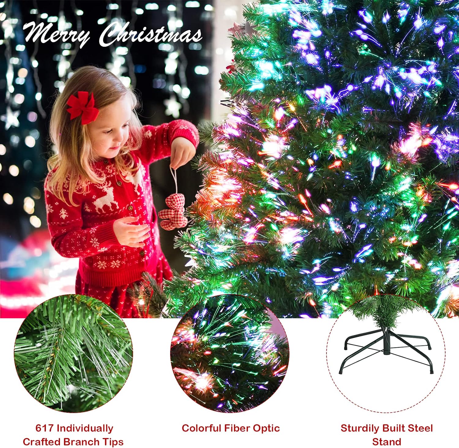 6ft Fiber Optic Artificial Christmas Tree, Pre-lit Premium Spruce Tree with Solid Metal Stand - Graceland Home and Living -  - #tag1#